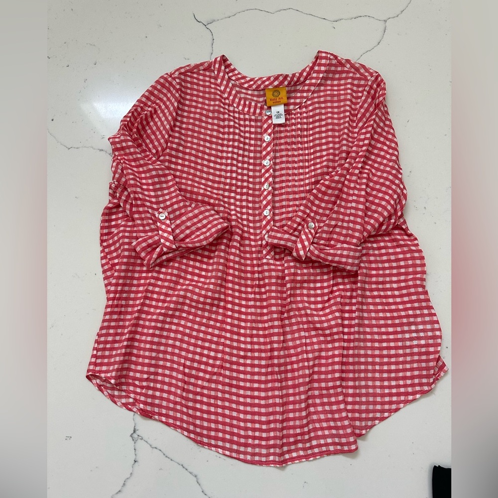 Ruby Rd. Coral Gingham Blouse - Picture 2 of 5
